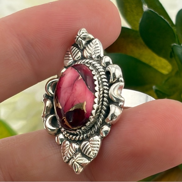 Rose Red Dahlia Turquoise Navajo Style Ring Size 9 Pure Sterling Silver 925 New - Picture 8 of 12
